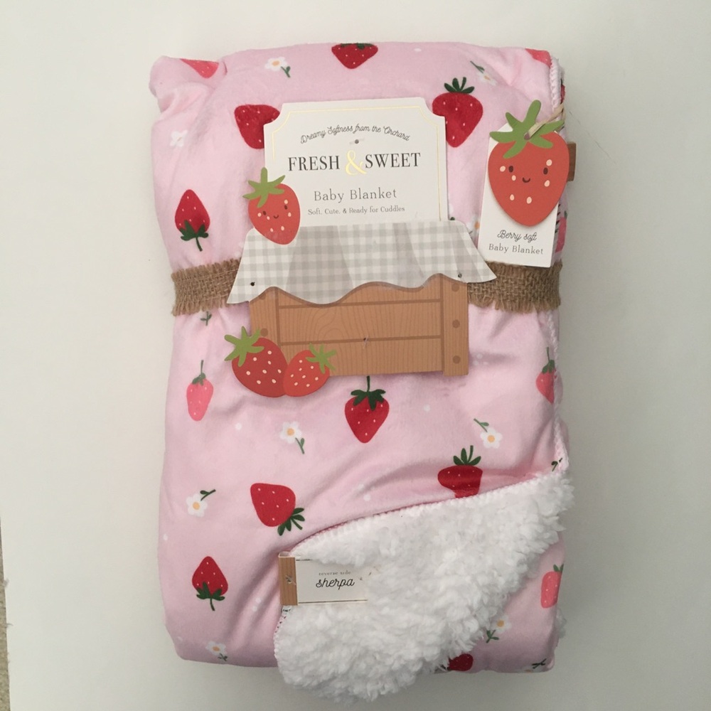 NEW Baby Blanket Pink Soft Sherpa Reverse Strawberry Print Baby Gift